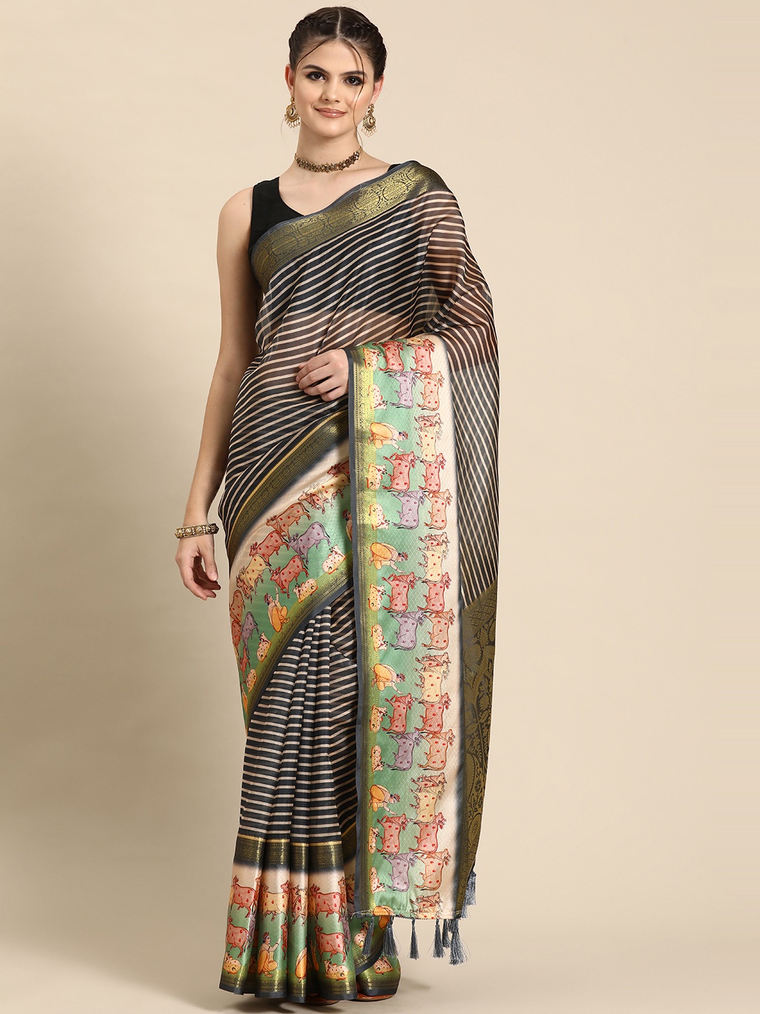 

Silk Land Striped Kanjeewaram Art Silk Digital Print Saree, Grey