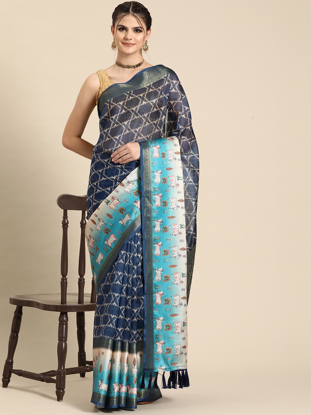 

Silk Land Striped Kanjeewaram Art Silk Digital Print Saree, Blue