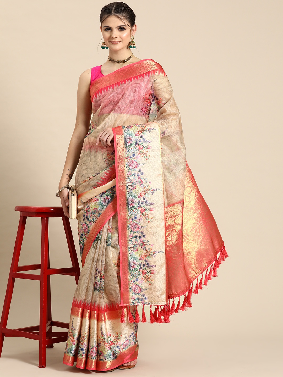 

Silk Land Floral Kanjeevaram Art Silk Digital Print Saree, Peach