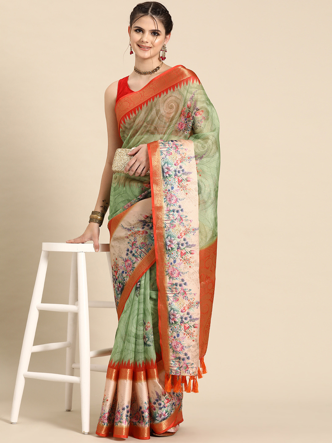 

Silk Land Floral Zari Kanjeevaram Saree, Green
