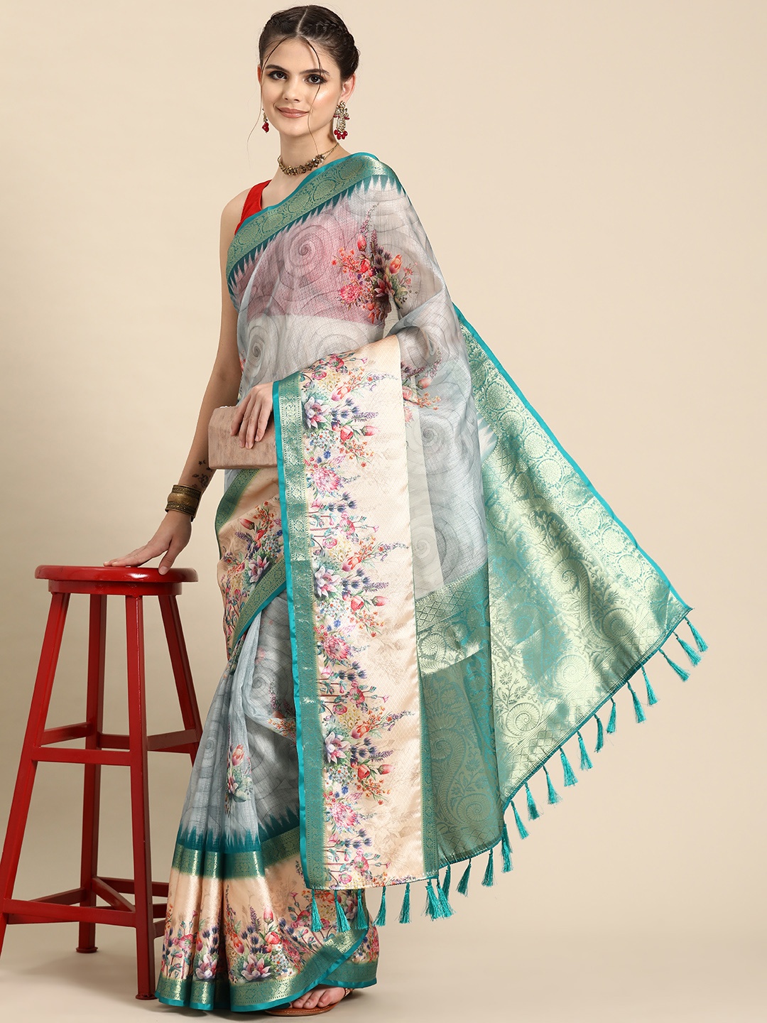 

Silk Land Floral Kanjeevaram Art Silk Digital Print Saree, Teal