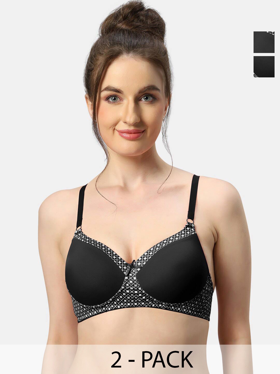 

Sonari Charmis Pack Of 2 Geometric Printed Lightly Padded T-shirt Bras- All Day Comfort, Black