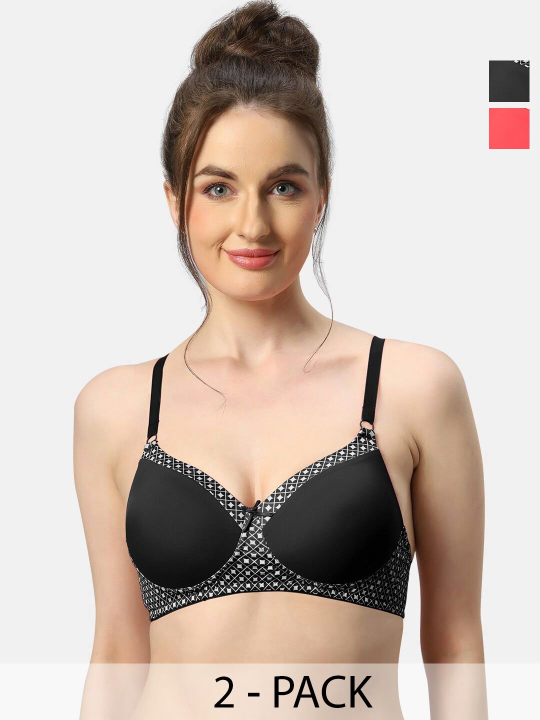 

Sonari Charmis Pack Of 2 Geometric Printed Lightly Padded T-shirt Bras- All Day Comfort, Black