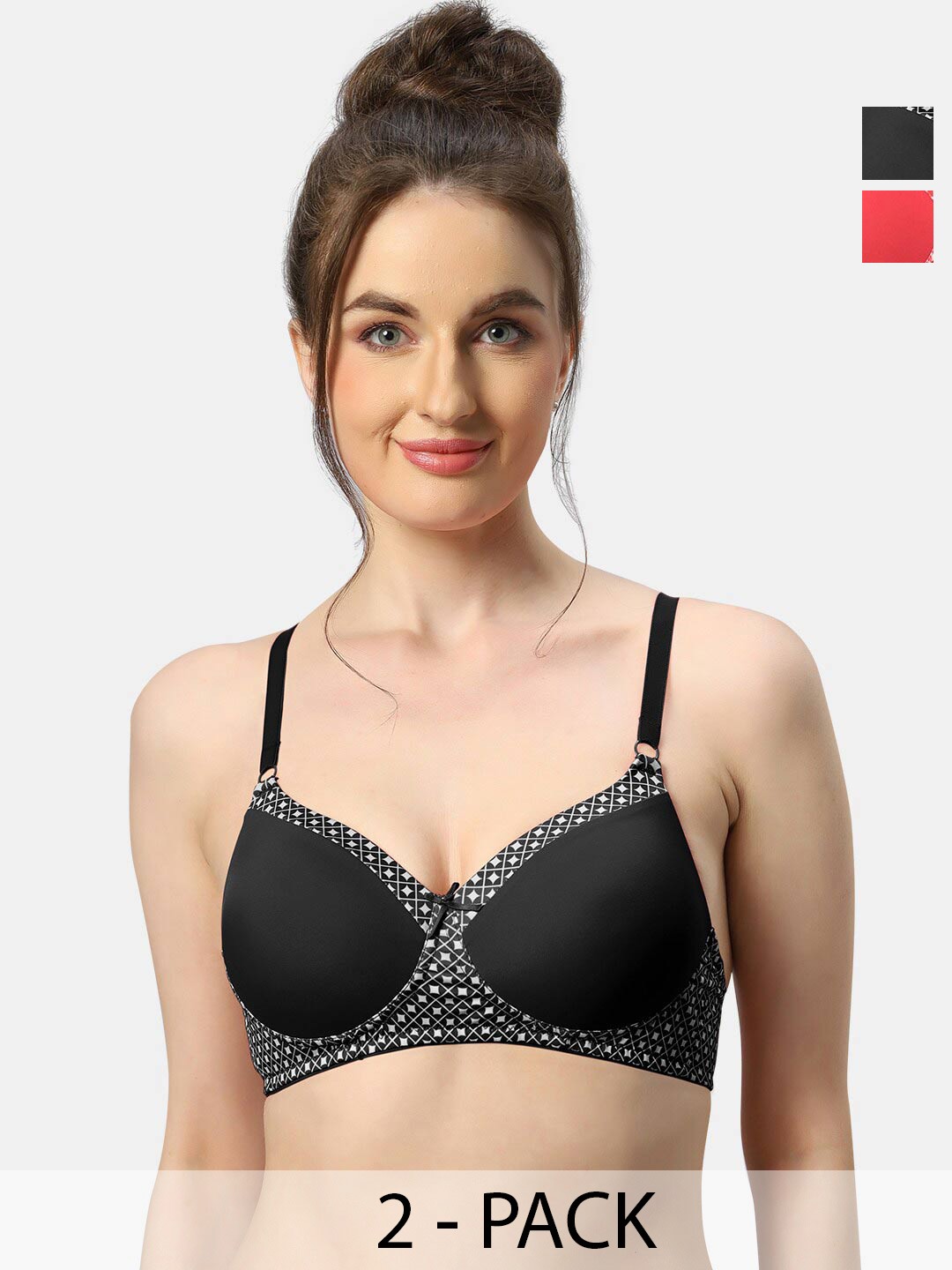 

Sonari Charmis Pack Of 2 Geometric Printed Lightly Padded T-shirt Bras- All Day Comfort, Red