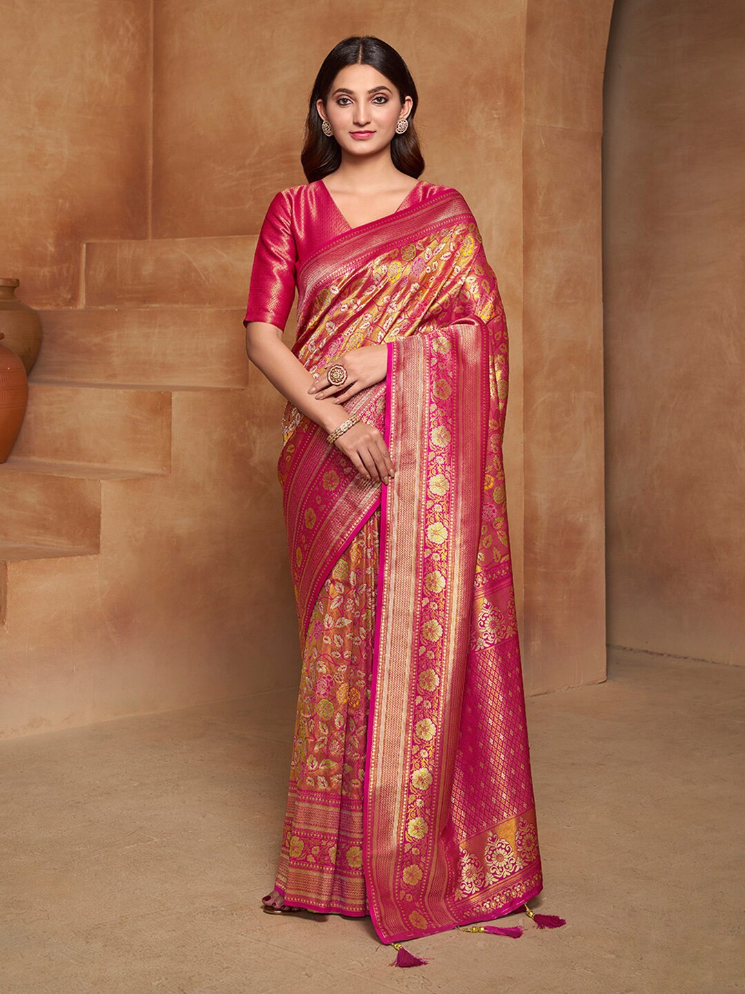 

Inddus Floral Woven Design Zari Pure Silk Saree, Orange