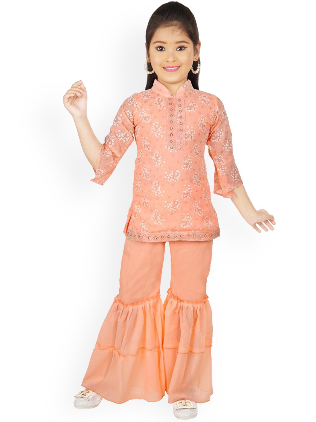 

BAESD Girls Floral Printed Sequinned Detailed Straight Kurta With Sharara, Orange