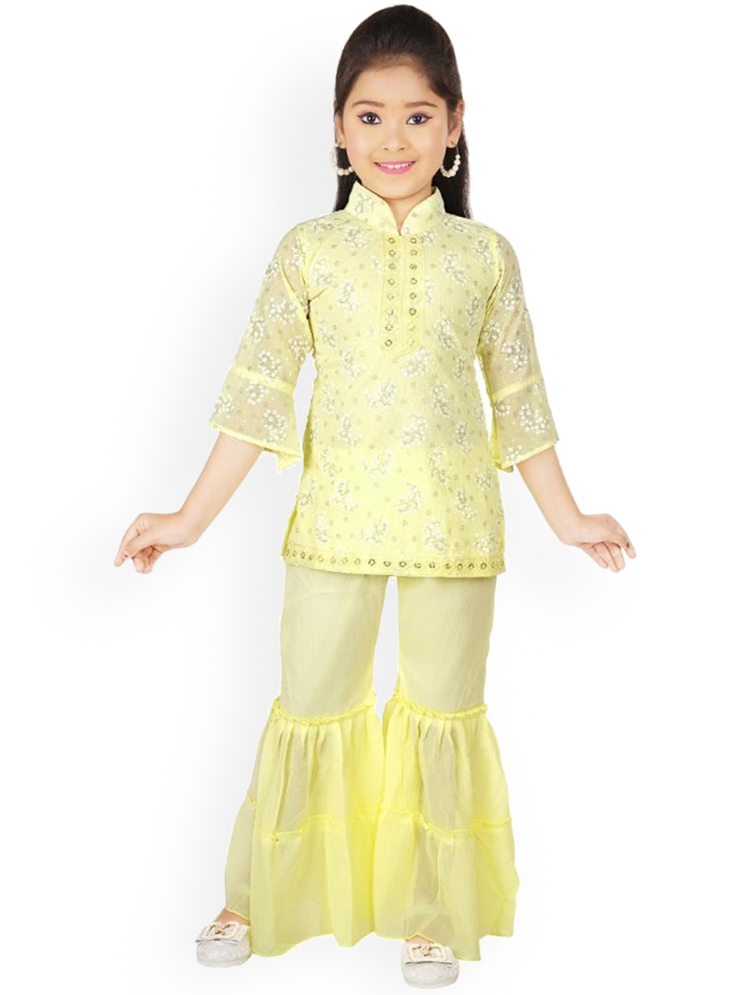 

BAESD Girls Floral Printed Sequinned Detailed Straight Kurta With Sharara, Yellow