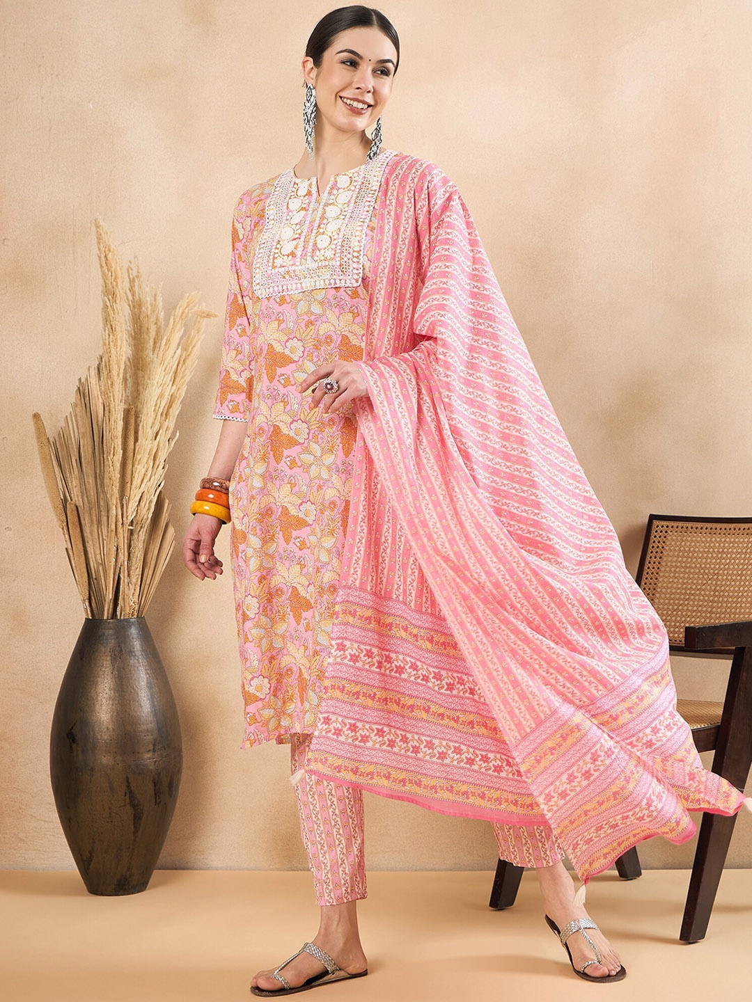 

Anouk Pink Floral Printed Regular Thread Work Pure Cotton Kurta With Trousers & Dupatta