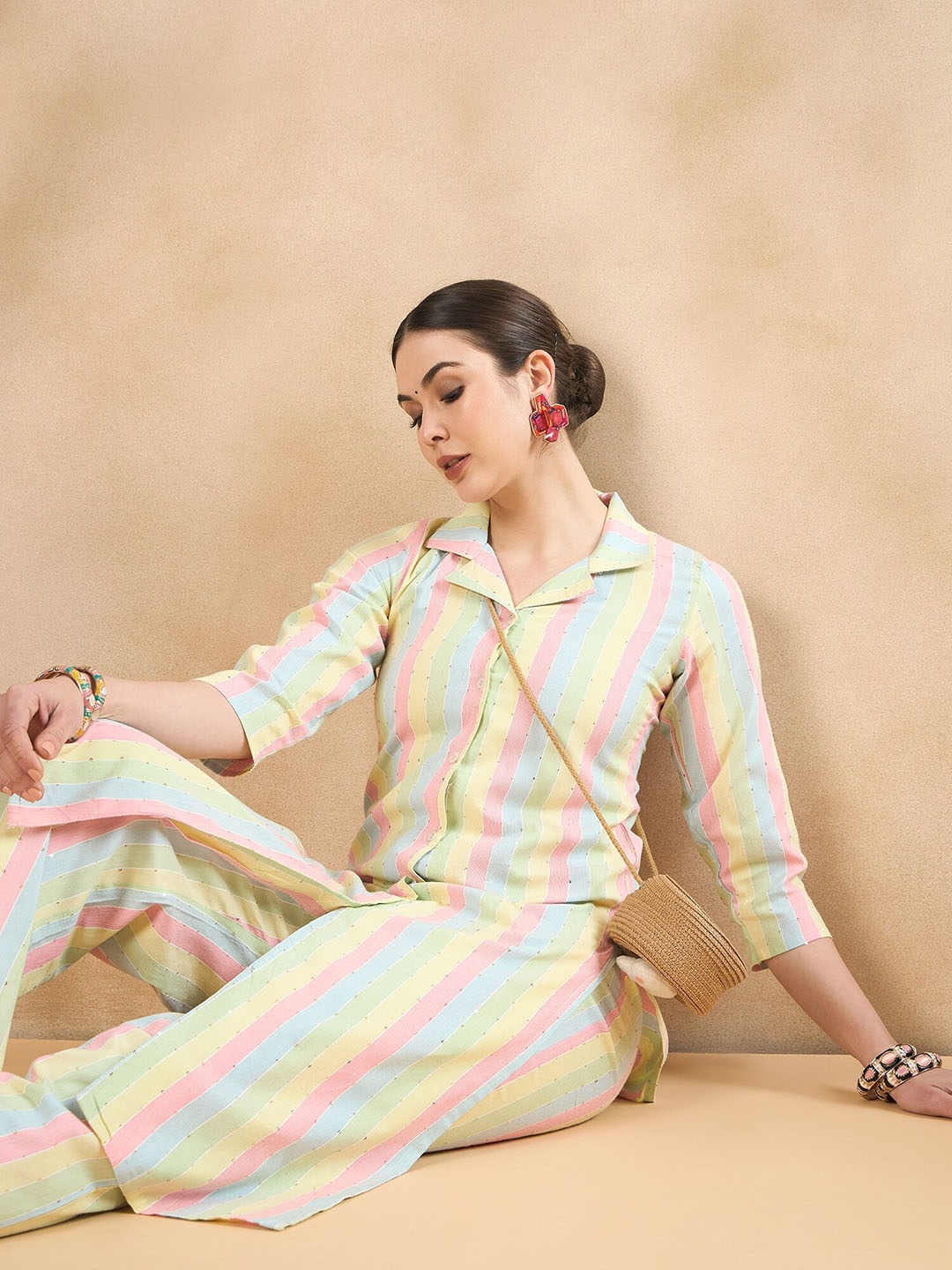 

Anouk Yellow Striped Lapel Collar Regular Sequinned Pure Cotton Kurta with Palazzos