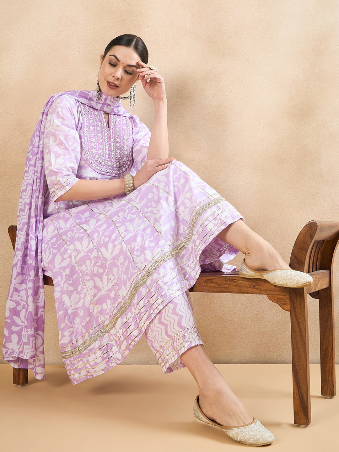 

Anouk Lavender Floral Printed Anarkali Pure Cotton Kurta with Trousers & Dupatta