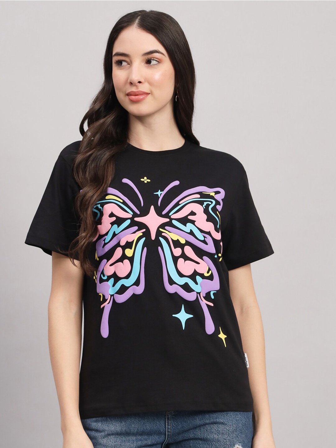 

The Dry State Women Floral Printed Applique T-shirt, Black