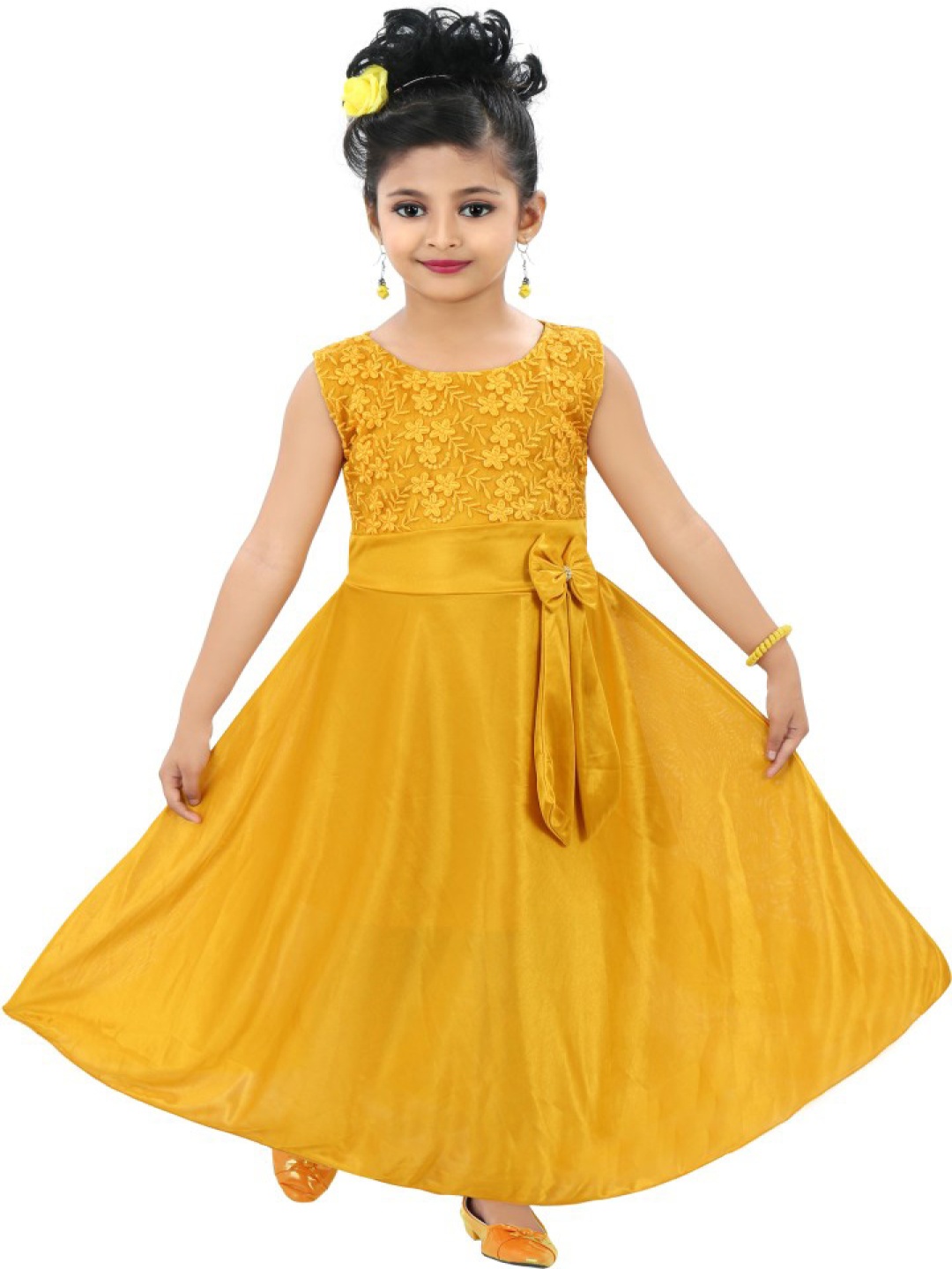 

BAESD Girls Floral Embellished Round Neck Maxi Dress, Yellow