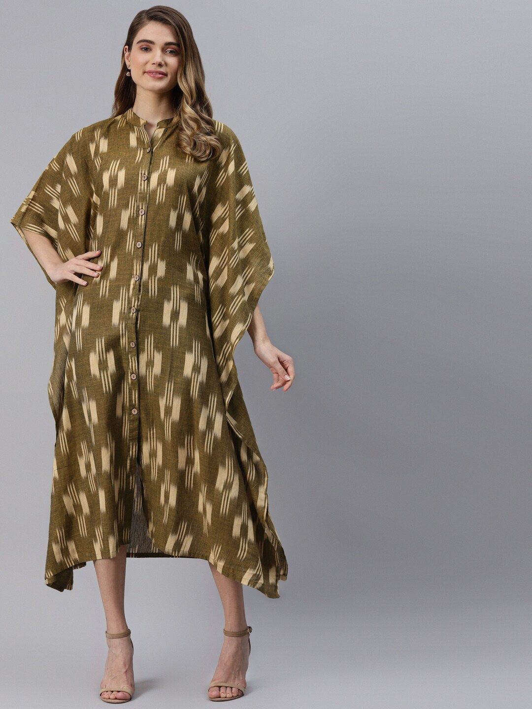 

FABNEST Geometric Printed Mandarin Collar Cotton Kaftan Midi Dress, Olive