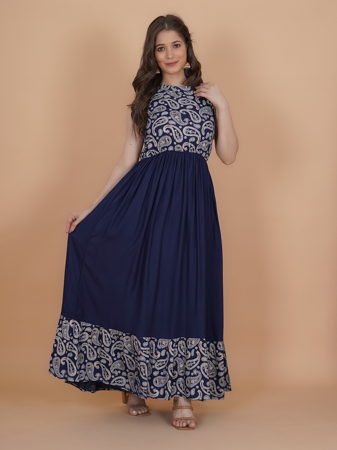 

INDIANIC Ethnic Motifs Printed Halter Neck Fit & Flare Maxi Ethnic Dress, Navy blue