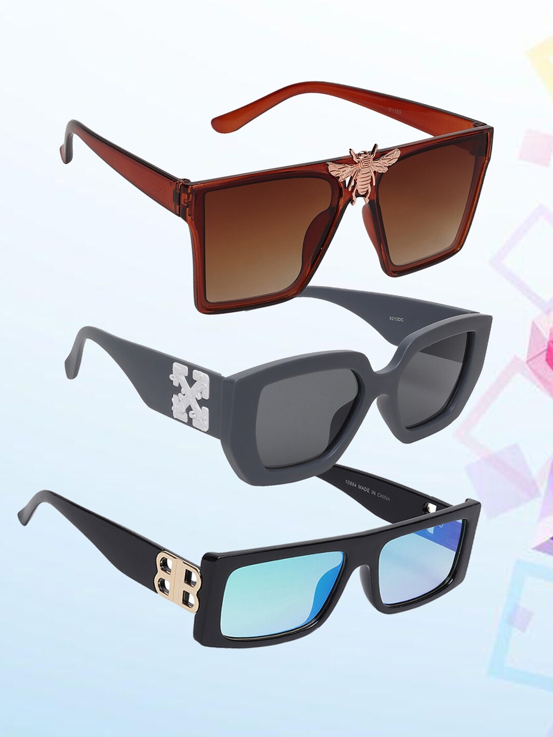 

EPICINK hob Unisex Set Of 3 Square Sunglasses with UV Protected Lens, Assorted