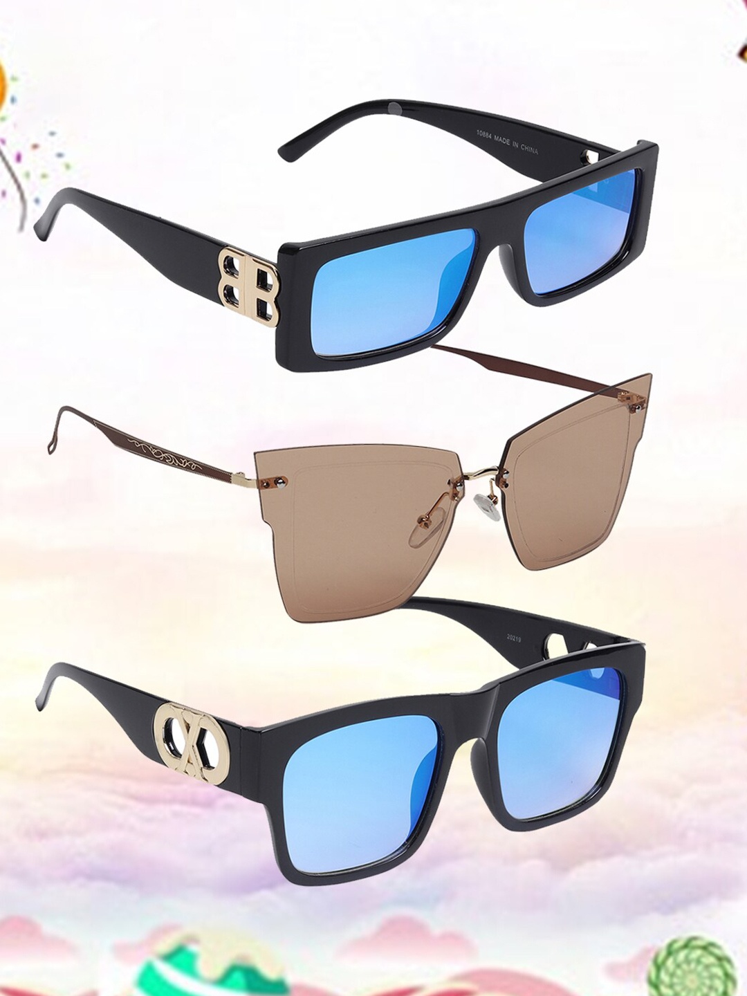 

EPICINK hob Unisex Pack Of 3 Square Sunglasses with UV Protected Lens, Assorted