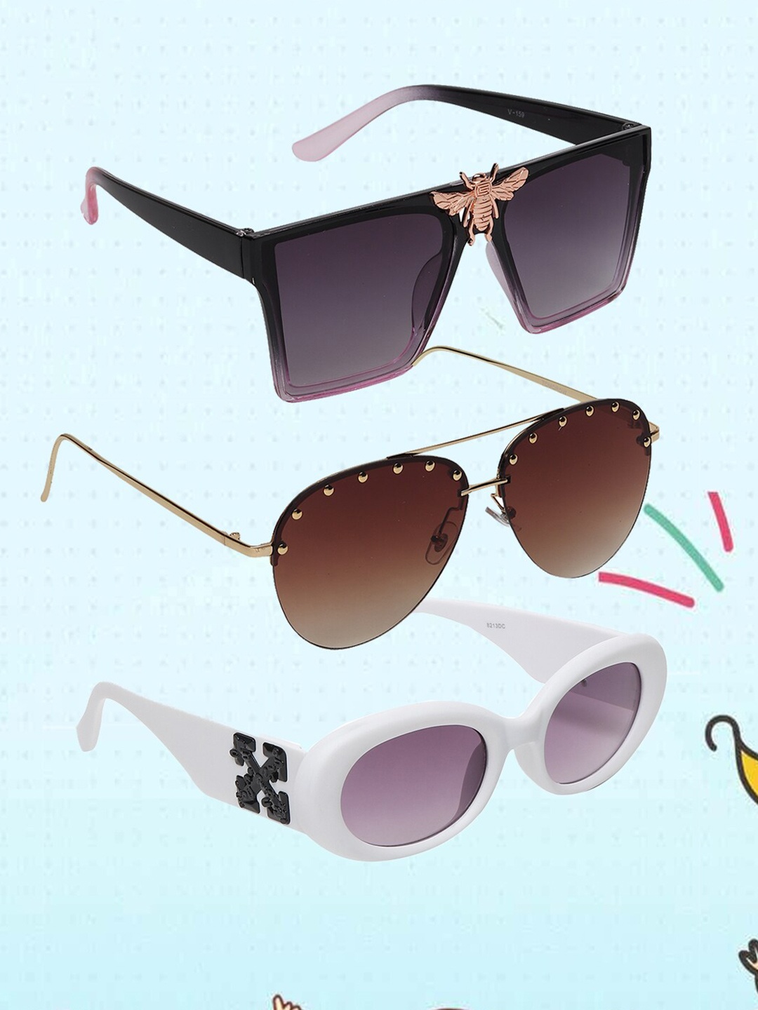 

EPICINK hob Unisex Pack Of 3 Assorted Sunglasses With UV Protected Lens Lens