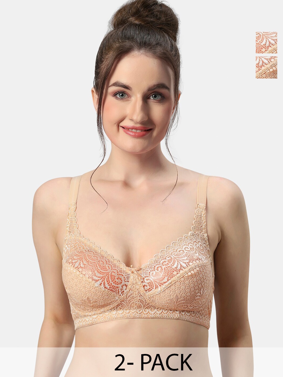 

Sonari Pack Of 2 Floral Lace Medium Coverage Non Padded T-shirt Bras With All Day Comfort, Nude