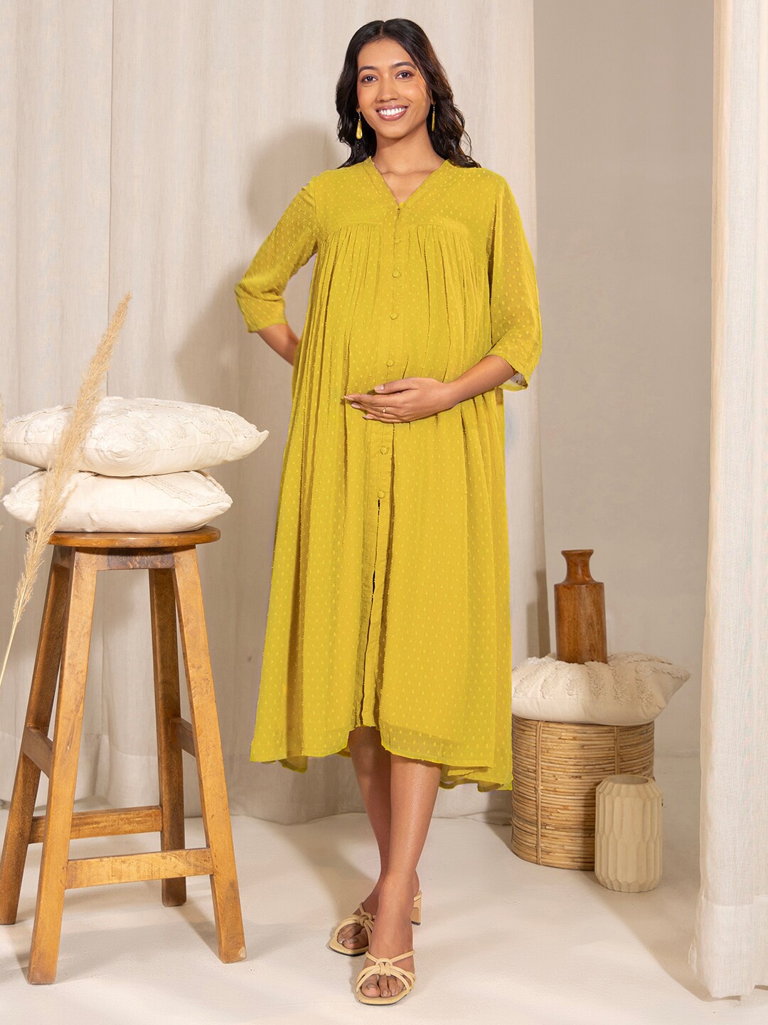 

Janasya Dobby Georgette Self Design Frontslit Maternity Dress, Yellow