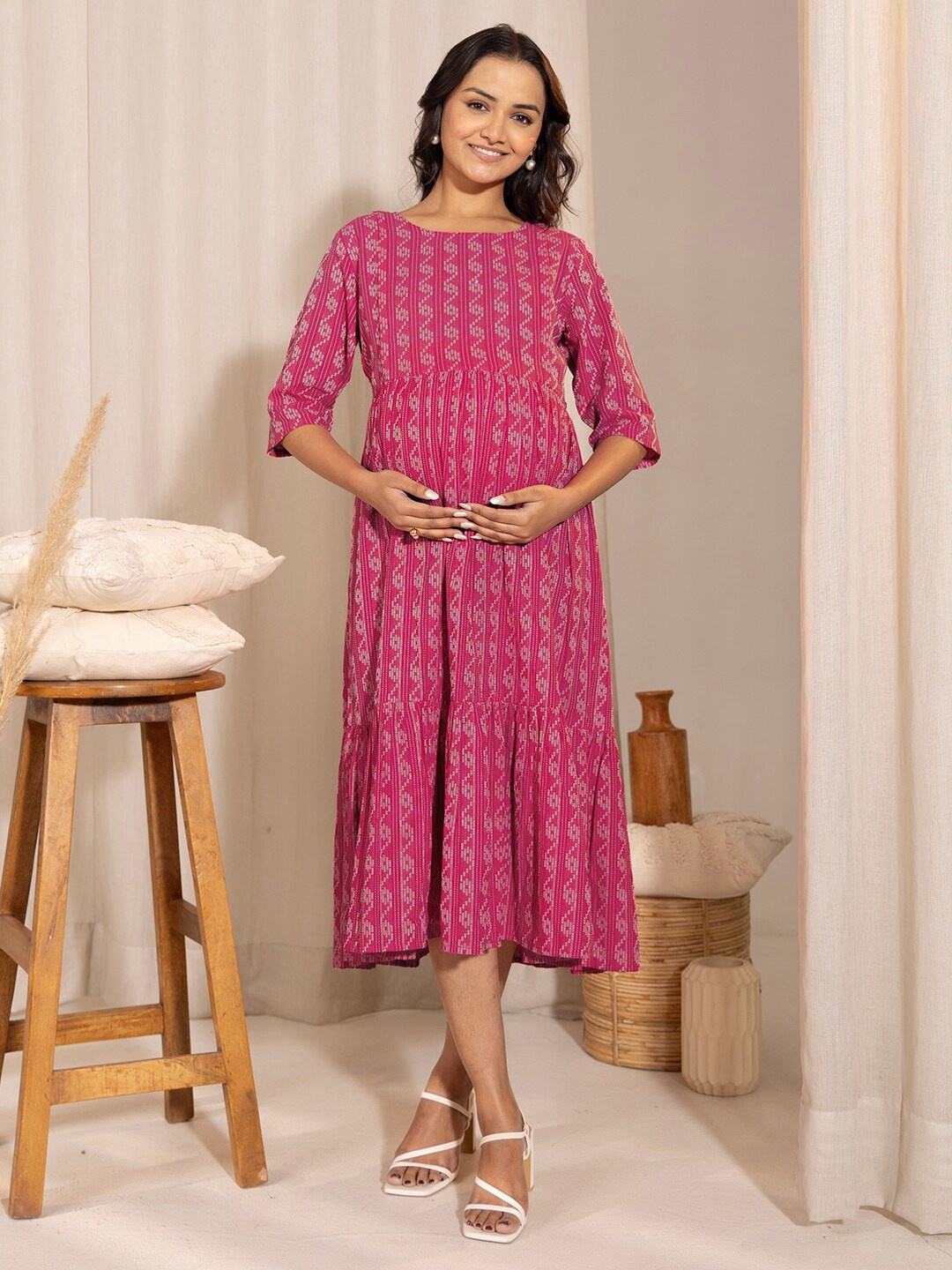 

Janasya Ethnic Motifs Printed Cotton Maternity A-Line Midi Dress, Pink