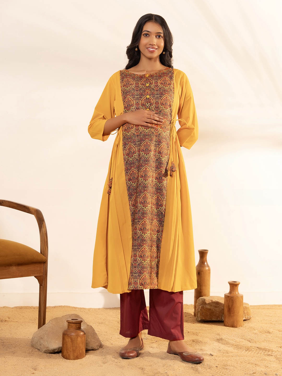 

Janasya Ethnic Motifs Printed Maternity A-Line Kurta, Mustard