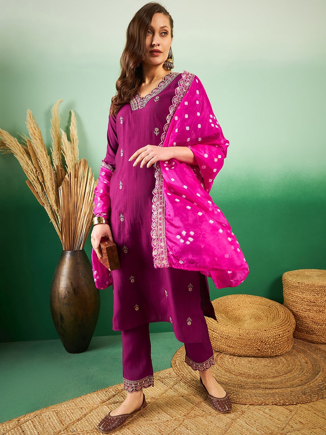 

Sangria Purple Floral Embroidered Sequinned Pure Silk V-Neck Kurta With Trousers & Dupatta