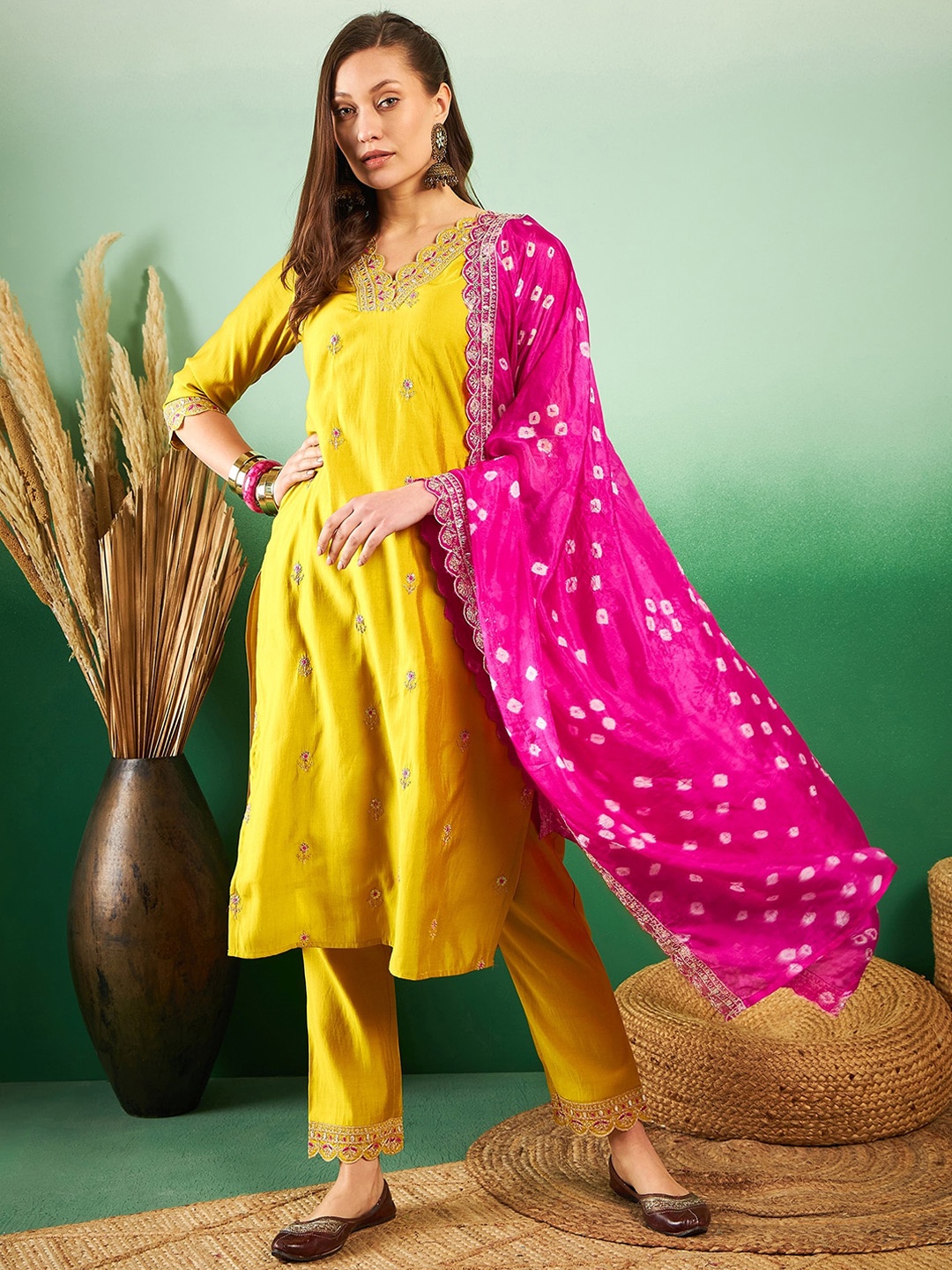 

Sangria Yellow Floral Embroidered Sequinned Pure Silk V-Neck Kurta With Trousers & Dupatta