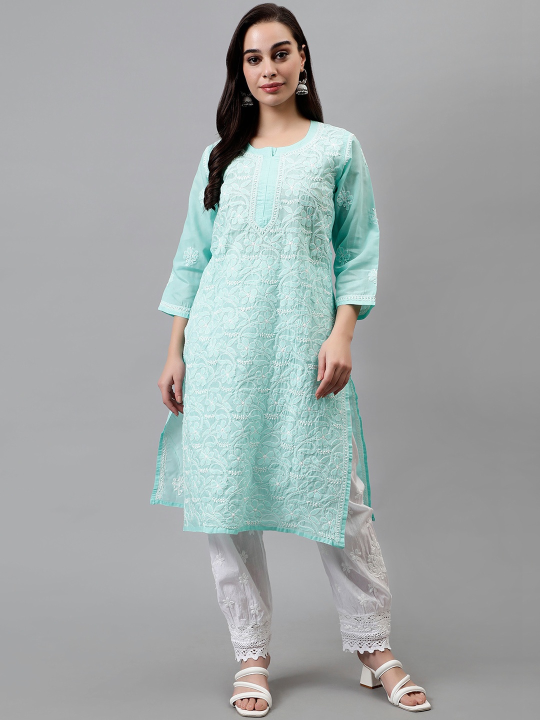 

Seva Chikan Floral Embroidered Round Neck Chikankari Straight Kurta, Sea green