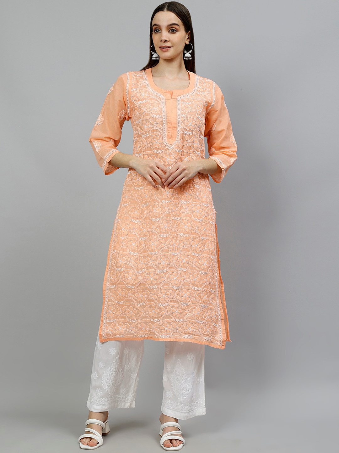 

Seva Chikan Floral Embroidered Round Neck Chikankari Straight Kurta, Peach