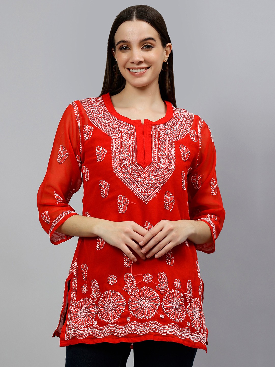 

Seva Chikan Lucknowi Chikankari Kurti With Inner, Red