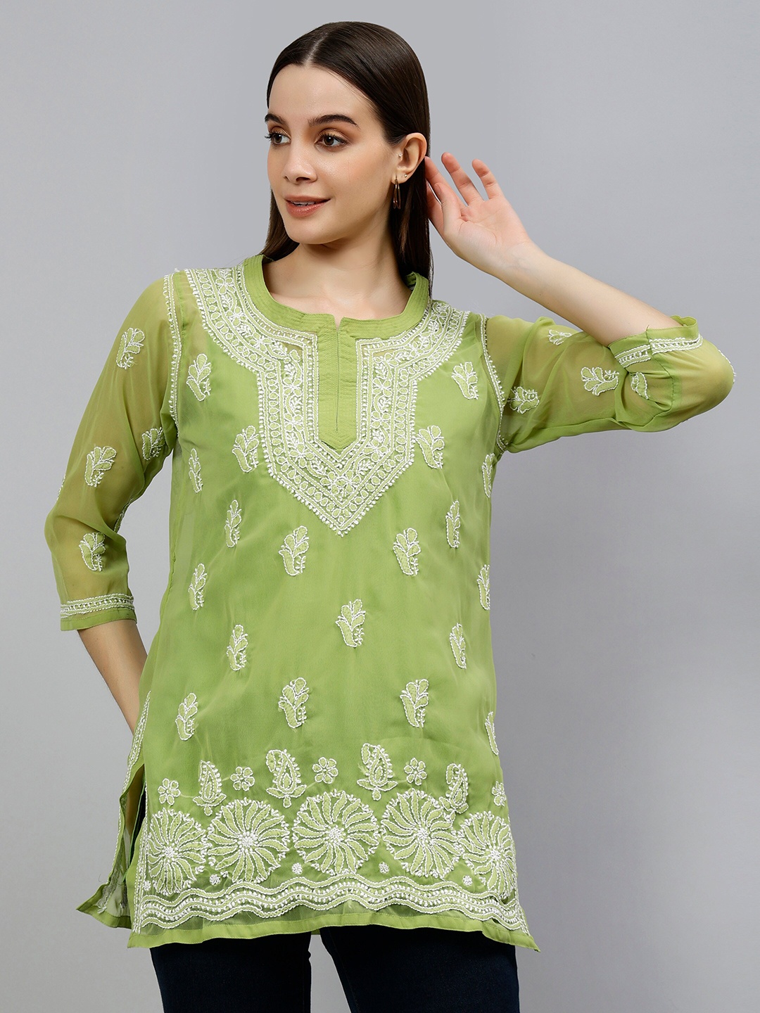 

Seva Chikan Ethnic Motifs Embroidered Straight Chikankari Kurti, Green