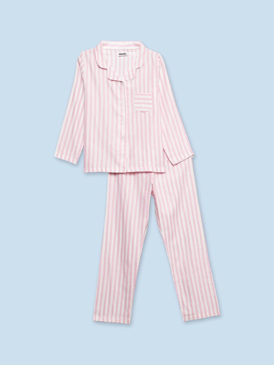 

mackly Girls Striped Lapel Collar Long Sleeves Pure Cotton Night suit, Pink