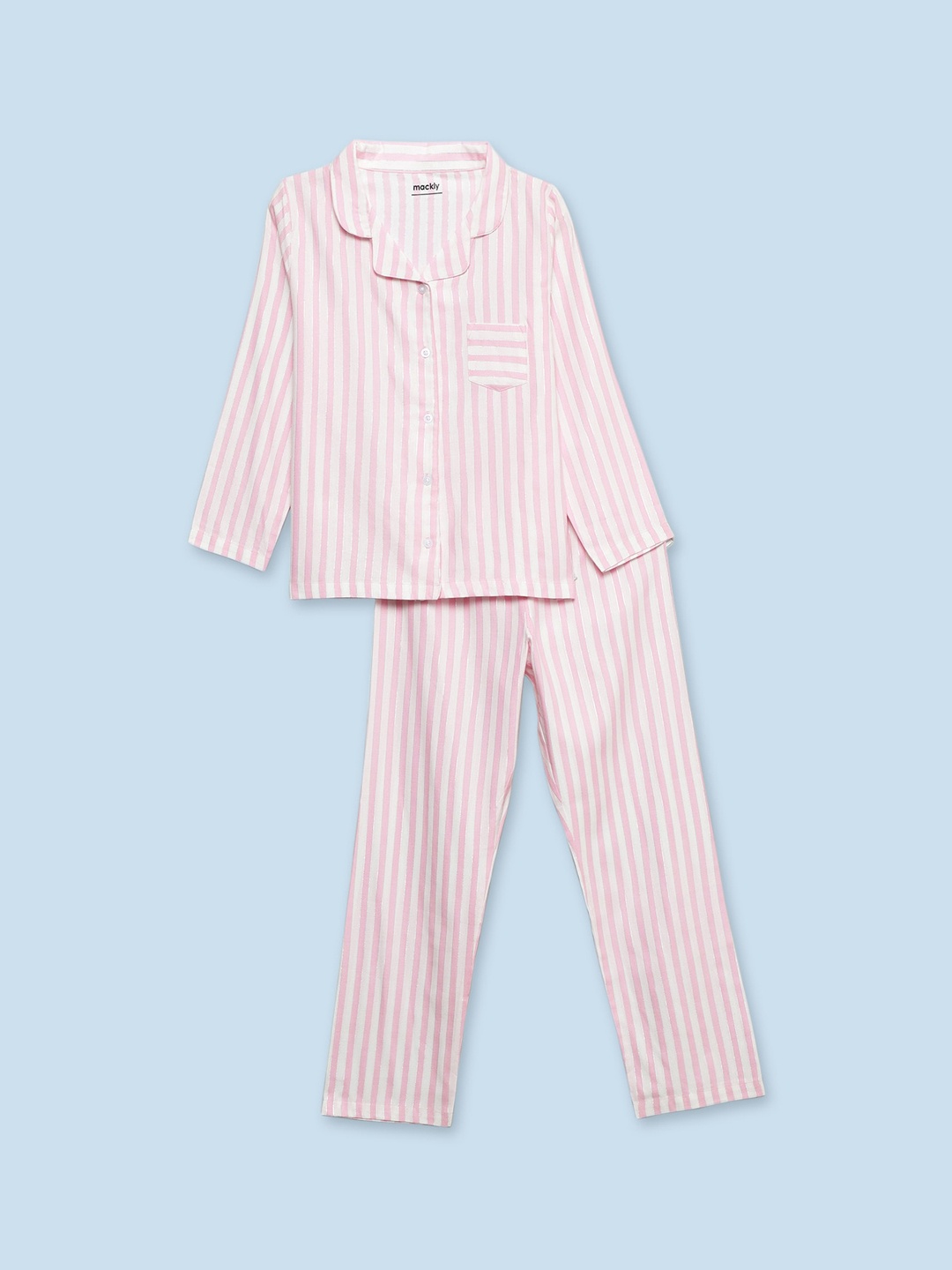 

mackly Girls Striped Lapel Collar Long Sleeves Pure Cotton Night suit, Pink