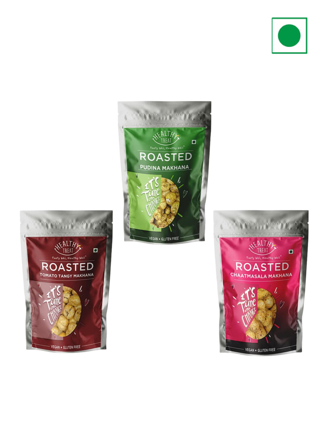 

Healthy Treat Set of 3 Roasted Makhana- Pudina, Chaatmasala, & Tomato Tangy 180G, Green