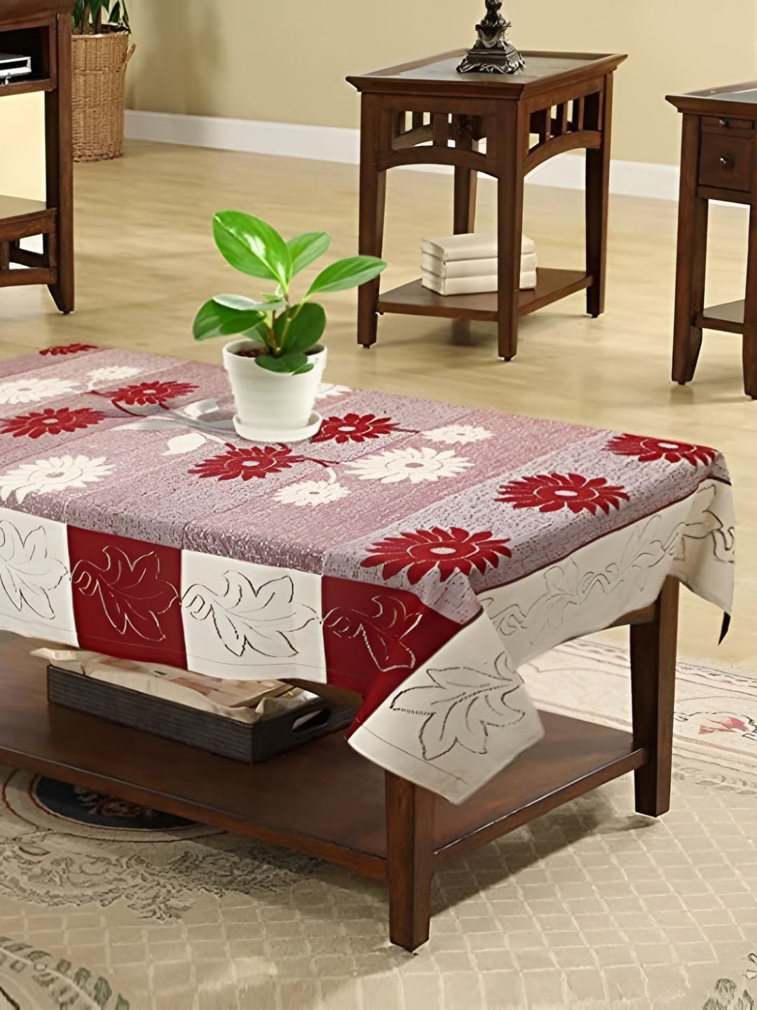 

MONKDECOR Maroon Floral 2 Seater Cotton Table Cover With Textured Details