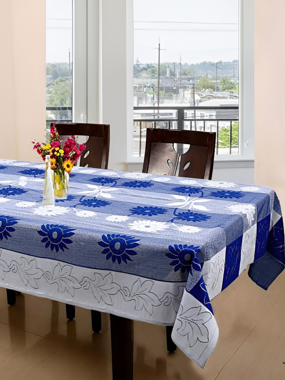

MONKDECOR Blue Floral 6 Seater Cotton Table Cover With Embroidered Details