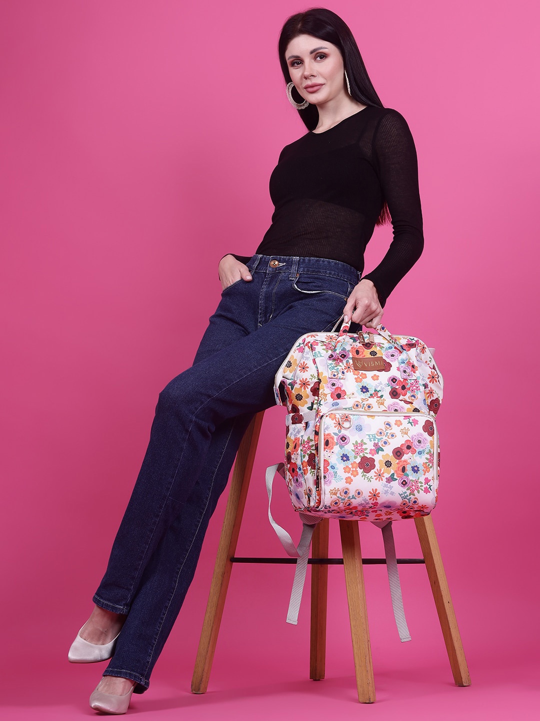 

VISMIINTREND Floral Graphic Printed Oxford Fabric Backpack Diaper Bag, White