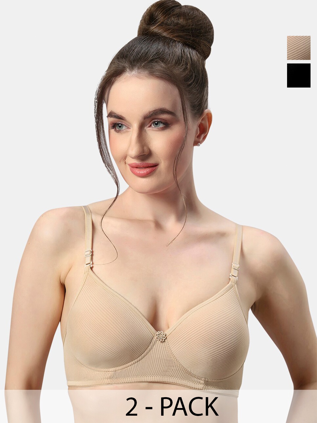 

Sonari Allure Pack Of 2 Striped Lightly Padded T-shirt Bras- All Day Comfort, Black