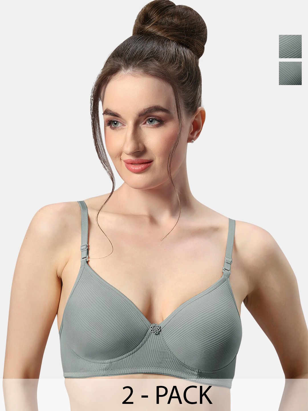 

Sonari Allure Pack Of 2 Striped Lightly Padded T-shirt Bras- All Day Comfort, Grey