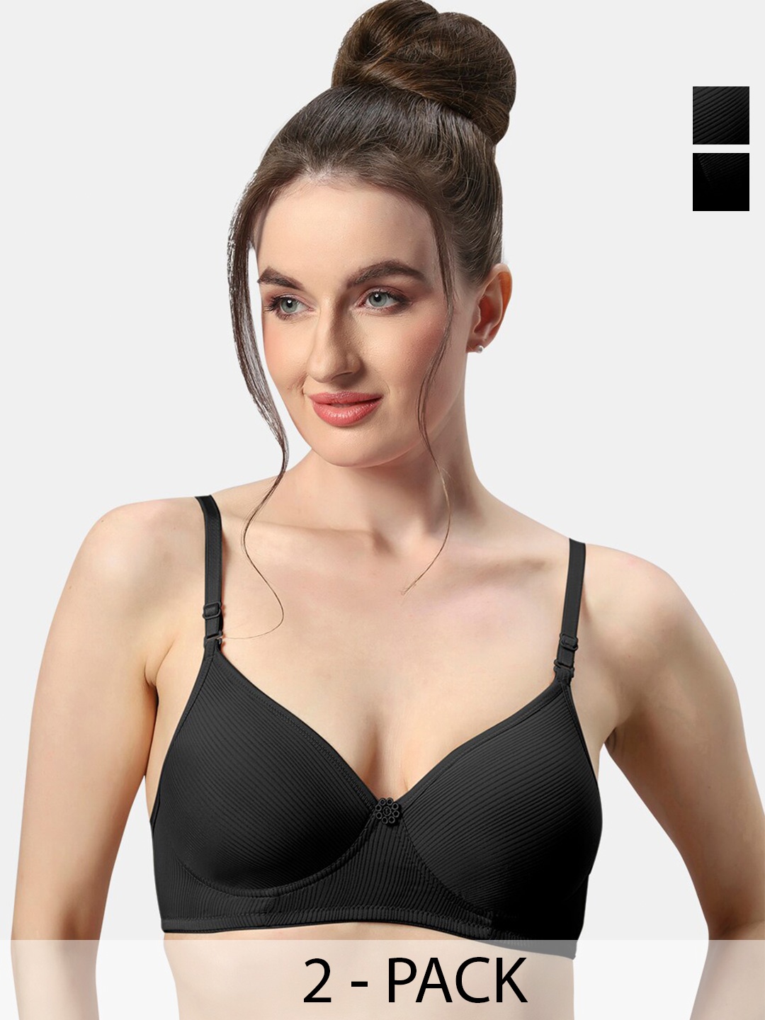 

Sonari Allure Pack Of 2 Striped Lightly Padded T-shirt Bras- All Day Comfort, Black