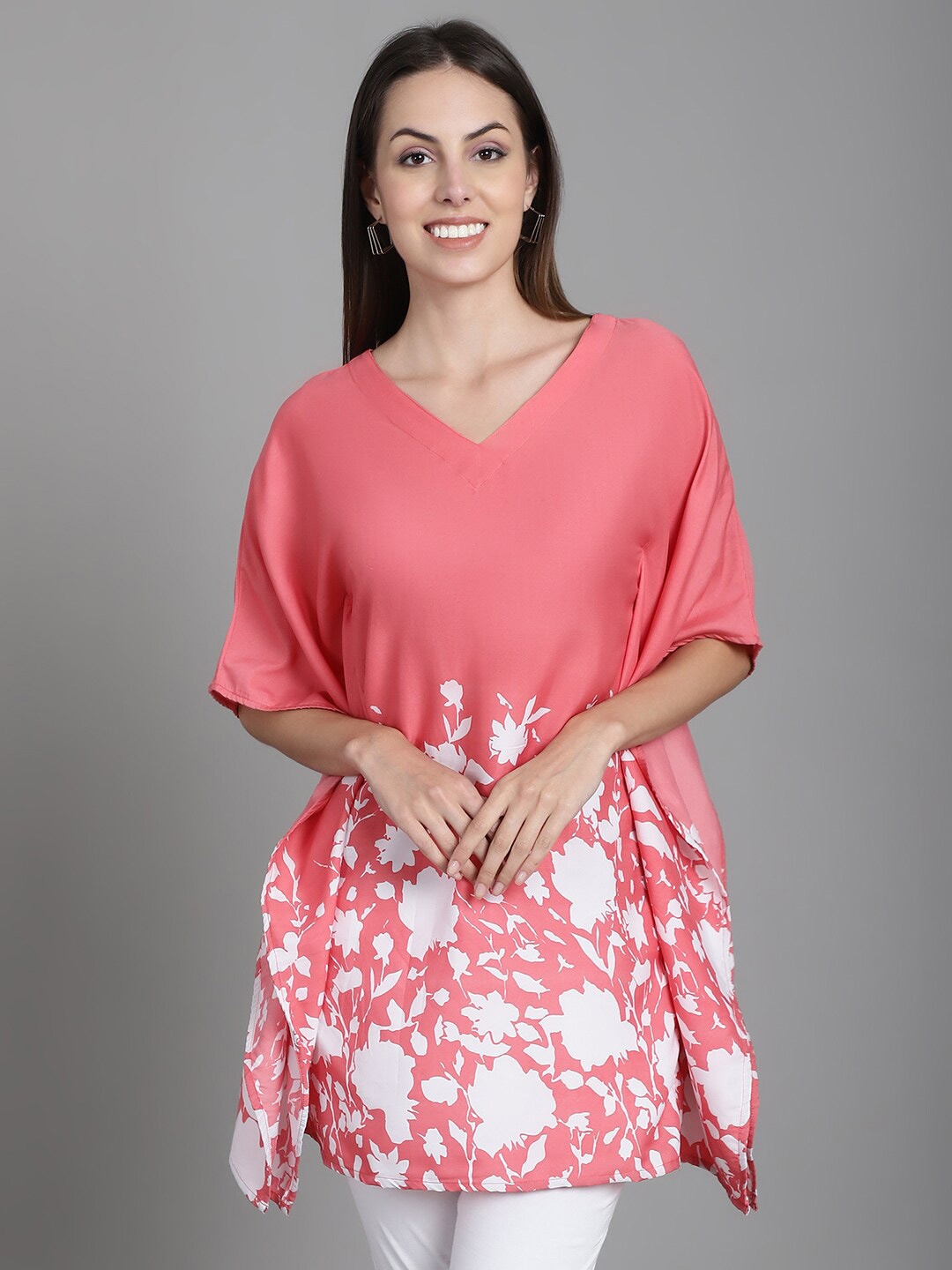 

Dressitude Floral Printed Kimono Sleeves Crepe Kaftan Longline Top, Coral