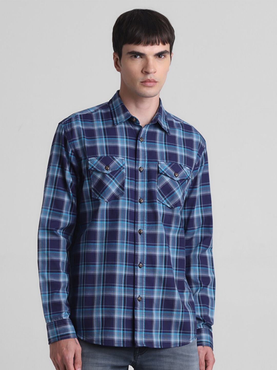 

Jack & Jones Men Tartan Checks Opaque Checked Casual Shirt, Blue