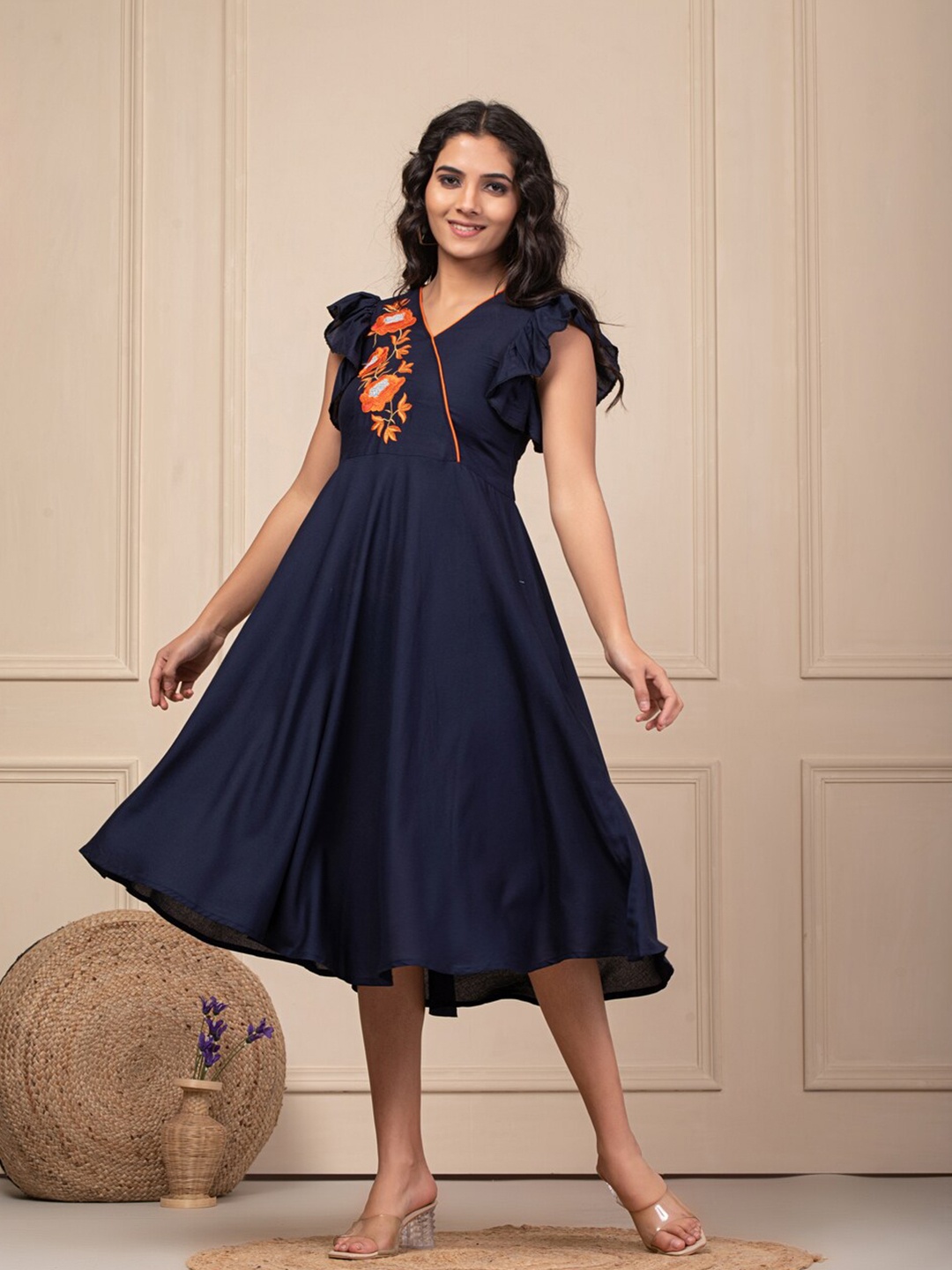 

Indi INSIDE Embroidered Flutter Sleeve A-Line Dress, Navy blue