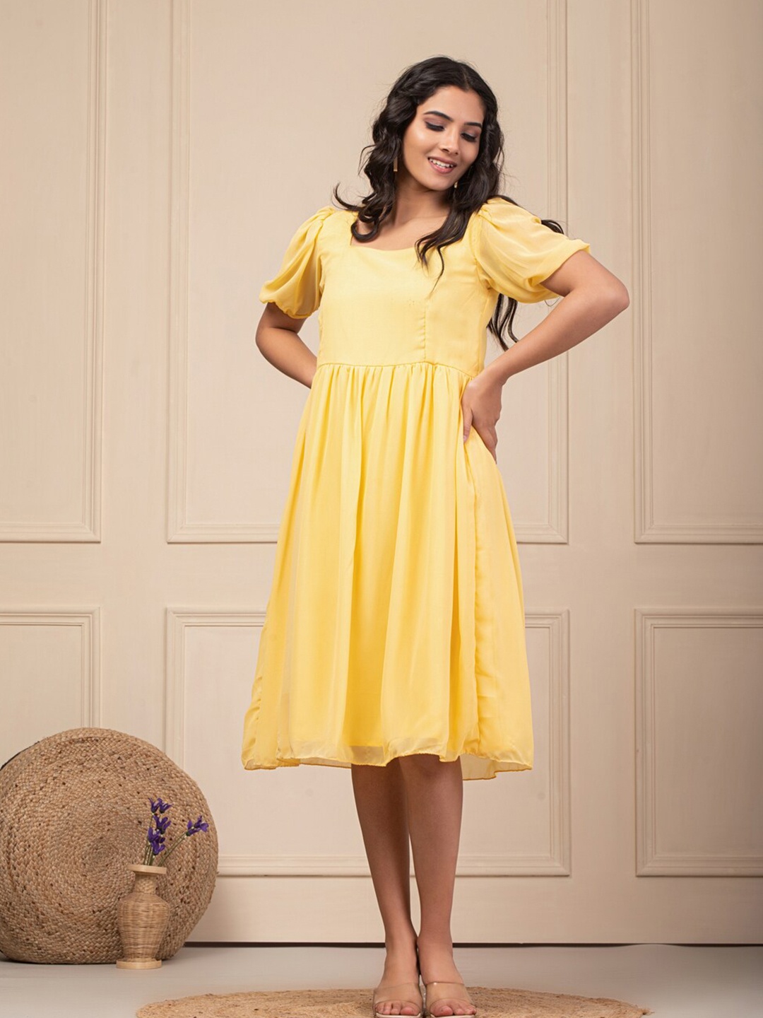 

Indi INSIDE Flutter Sleeve Georgette Empire Midi Dress, Yellow