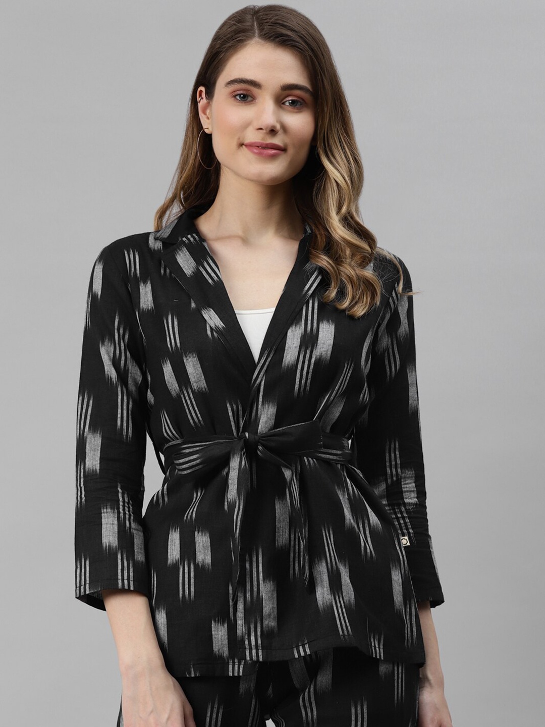 

FABNEST Geometric Printed Belted Front-Open Cotton Overcoat, Black