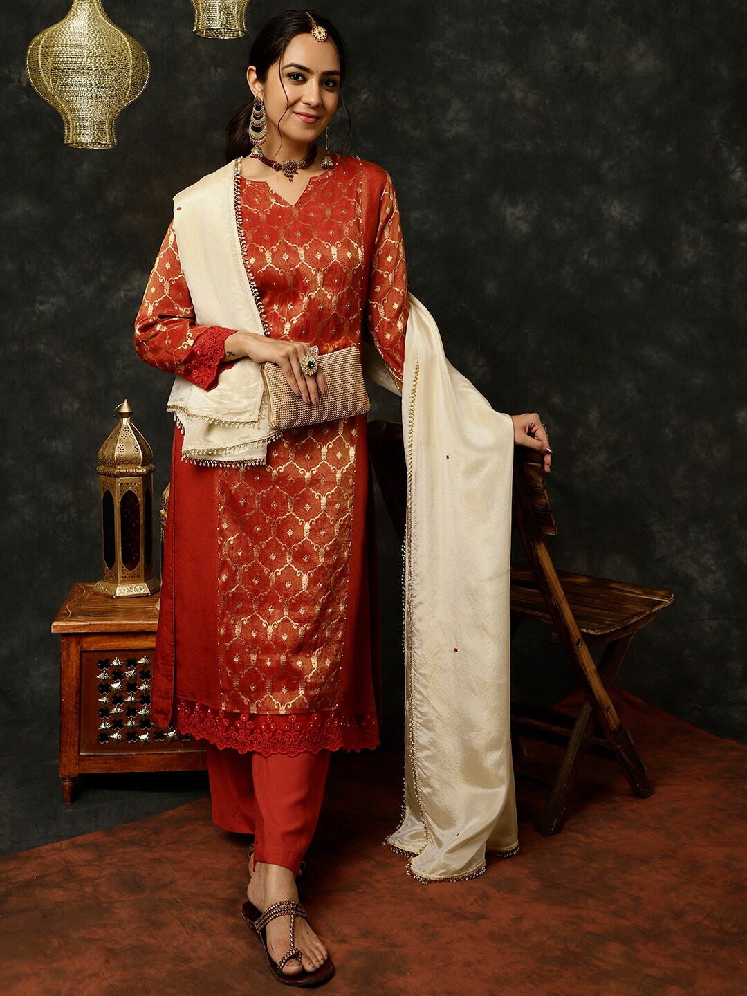 

Jaipur Kurti Bead Work Silk Straight Kurta With Pants And Dupatta, Maroon