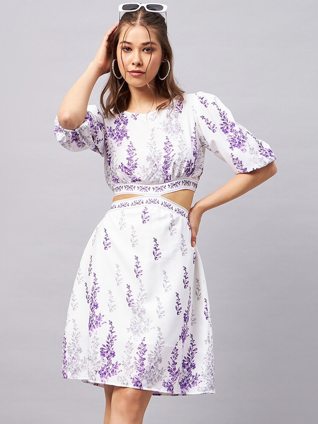 

Orchid Hues Floral Print Fit & Flare Dress, White