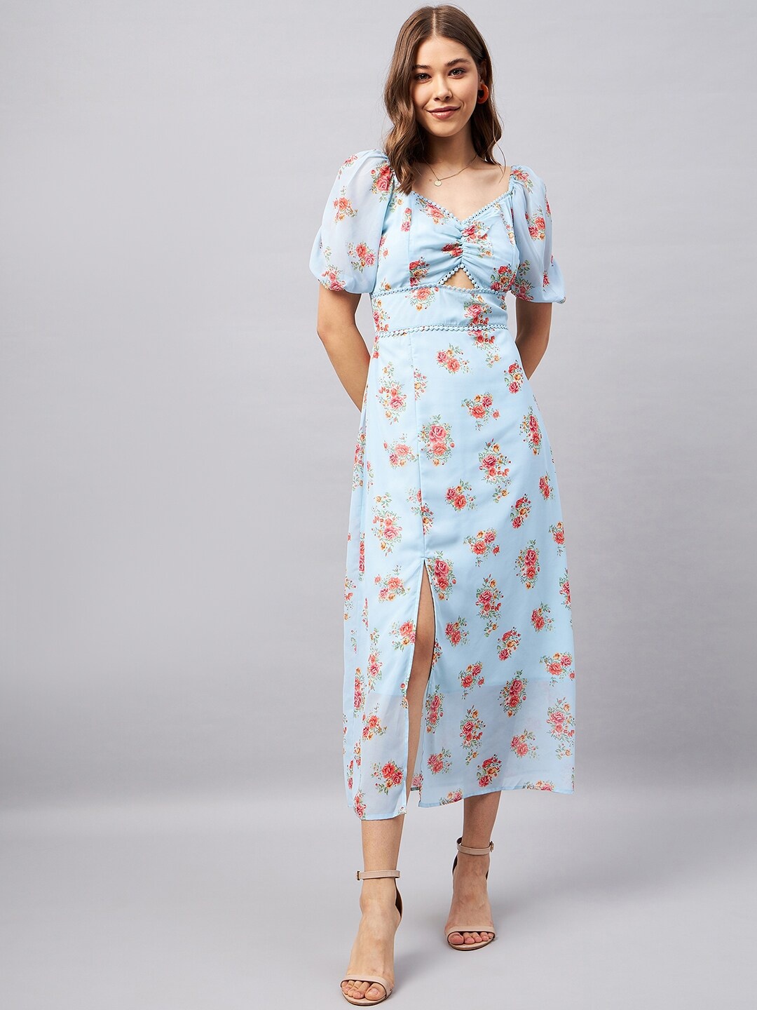 

Orchid Hues Floral Print Puff Sleeve Fit & Flare Midi Dress, Blue