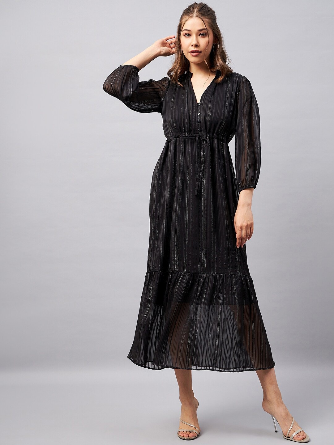 

Orchid Hues Striped Puff Sleeve Fit and Flare Midi Dress, Black