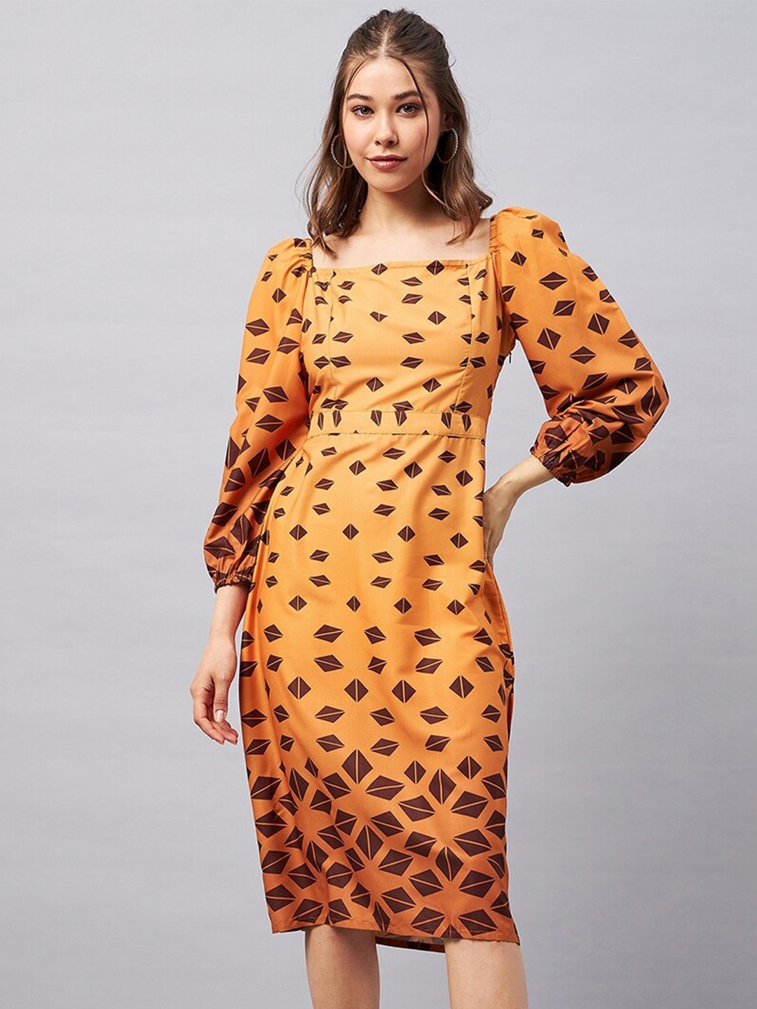 

Orchid Hues Printed Puff Sleeve Fit and Flare Midi Dress, Mustard